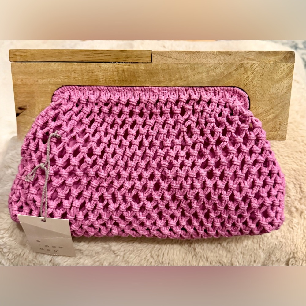 Pink Woven Clutch Bag Statement Summer Purse Wood Handle NWT